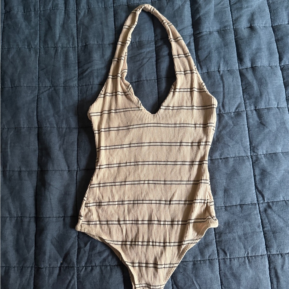 Beige Striped Halter Bodysuit